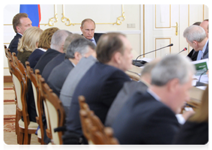 Prime Minister Vladimir Putin holds a meeting on the implementation of tasks formulated in his election article, “Building justice: A social policy for Russia”