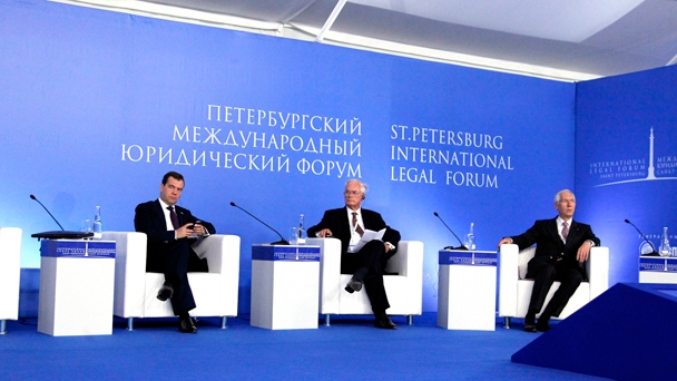 Prime Minister Dmitry Medvedev attends the plenary session “Legal Policy in the 21st Century: New Challenges for Law in a Global Context” at the St Petersburg International Legal Forum