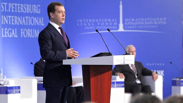 Prime Minister Dmitry Medvedev attends the plenary session “Legal Policy in the 21st Century: New Challenges for Law in a Global Context” at the St Petersburg International Legal Forum