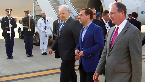 Prime Minister Dmitry Medvedev arrives at the G8 Summit at Camp David, USA