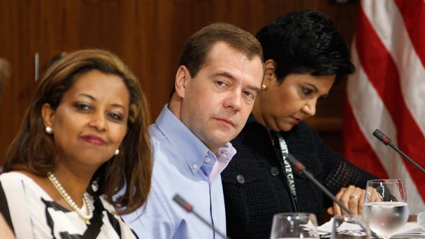 Prime Minister Dmitry Medvedev takes part in meetings at the G8 summit