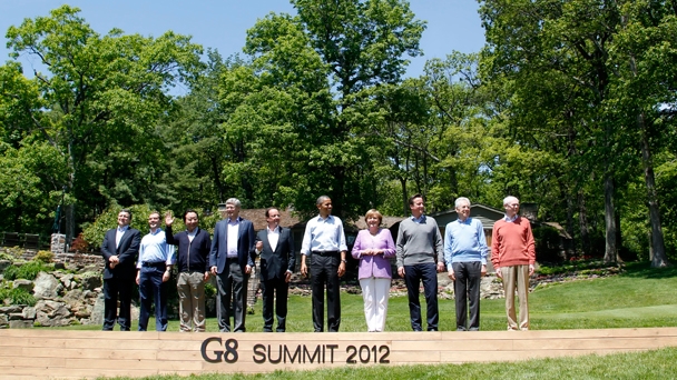Prime Minister Dmitry Medvedev and other G8 leaders pose for a group photo