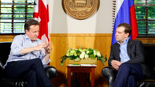 Prime Minister Dmitry Medvedev holds a bilateral meeting with British Prime Minister David Cameron at Camp David