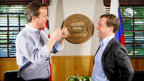 Prime Minister Dmitry Medvedev holds a bilateral meeting with British Prime Minister David Cameron at Camp David