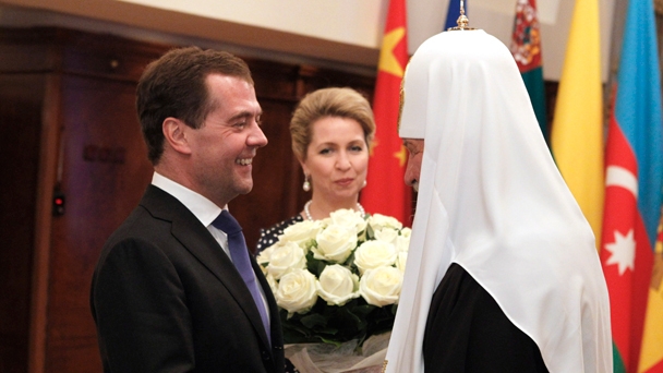 Dmitry Medvedev and his wife Svetlana arrive at the Cathedral of Christ the Saviour to congratulate the Patriarch of Moscow and All Russia Kirill on his Name Day and the Day of Slavic Writing and Culture