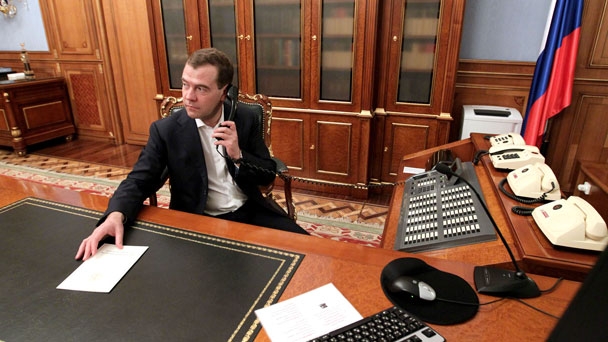 Prime Minister Dmitry Medvedev holds telephone conversations with Kazakh President Nursultan Nazarbayev and Kazakh Prime Minister Karim Massimov at the Government House