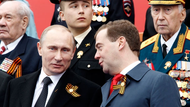 President Vladimir Putin and Prime Minister Dmitry Medvedev at a military parade on Red Square marking the 67th anniversary of Victory in the Great Patriotic War