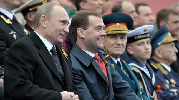 President Vladimir Putin and Prime Minister Dmitry Medvedev at a military parade on Red Square marking the 67th anniversary of Victory in the Great Patriotic War