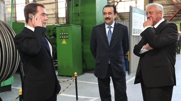 Prime Minister Dmitry Medvedev, Prime Minister of Belarus Mikhail Myasnikovich and Prime Minister of Kazakhstan Karim Massimov visit Power Machines, a manufacturer of rotating elements for turbines of nuclear and steam power plants