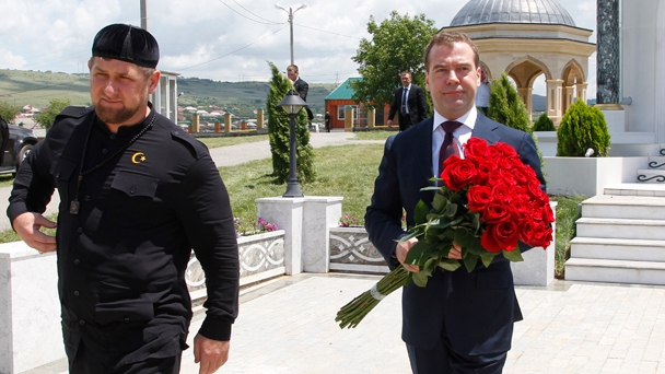Prime Minister Dmitry Medvedev visits the village of Tsentoroi where he lays flowers at the grave of Akhmad Kadyrov, the first President of the Chechen Republic