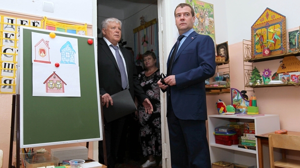 Prime Minister Dmitry Medvedev visiting the military town Petrovskoye in the Moscow Region