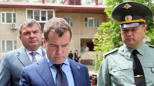 Prime Minister Dmitry Medvedev visiting the military town Petrovskoye in the Moscow Region