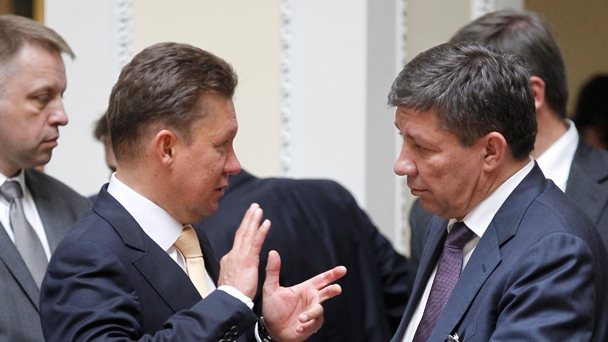 Gazprom CEO Alexei Miller and Vladimir Popovkin, head of the Federal Space Agency and Russia’s chairman of the subcommission for space industry cooperation, at the meeting of the Economic Cooperation Committee of the Russian-Ukrainian Interstate Commission