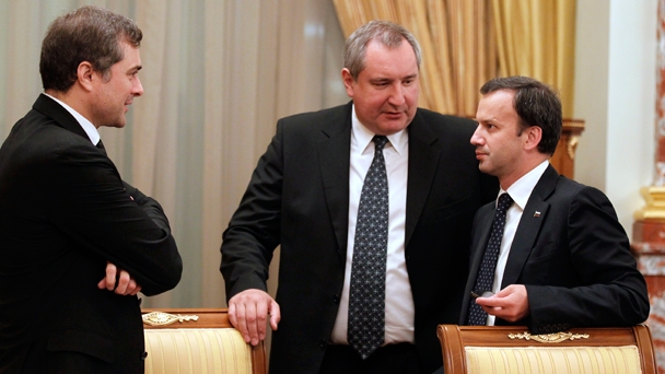 Deputy Prime Minister of the Russian Federation and Chief of the Government Staff Vladislav Surkov, Deputy Prime Minister Dmitry Rogozin and Deputy Prime Minister Arkady Dvorkovich before a meeting of the Government of the Russian Federation