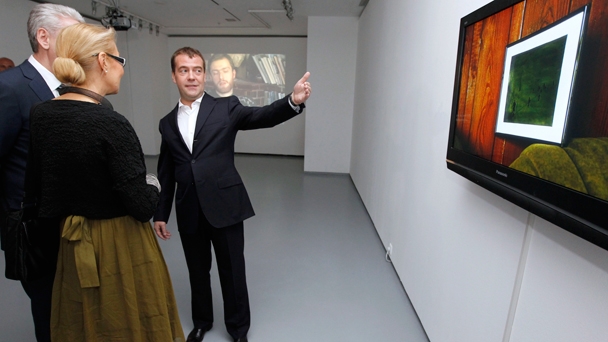 Prime Minister Dmitry Medvedev, Moscow Mayor Sergei Sobyanin and Director of the Multimedia Art Museum Olga Sviblova