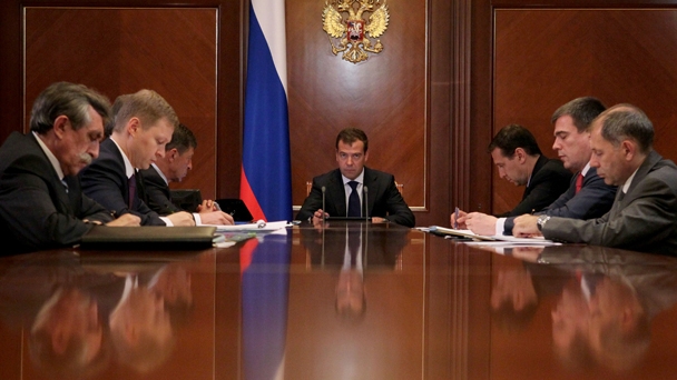 Prime Minister Dmitry Medvedev chairs a meeting on measures to rebuild homes damaged by torrential rains in the Krasnodar Territory