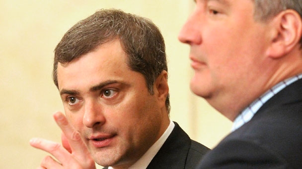 Deputy Prime Minister of the Russian Federation and Chief of the Government Staff Vladislav Surkov and Deputy Prime Minister Dmitry Rogozin before a meeting of the Government of the Russian Federation