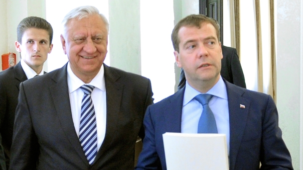 Prime Minister Dmitry Medvedev and Belarusian Prime Minister Mikhail Myasnikovich