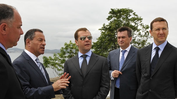 Prime Minister Dmitry Medvedev visits the construction site of a student centre of the Far Eastern Federal University on Russky Island