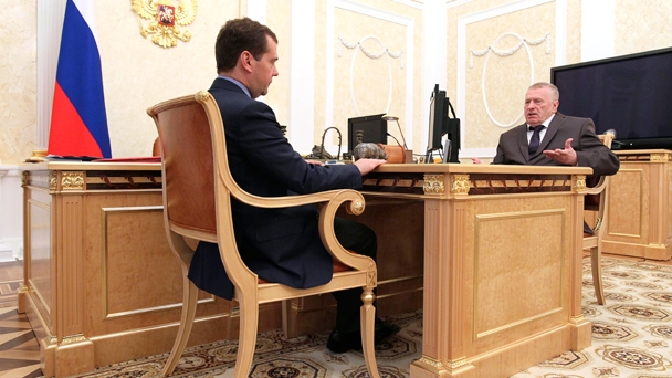 Liberal Democratic Party leader Vladimir Zhirinovsky at a meeting with Prime Minister Dmitry Medvedev