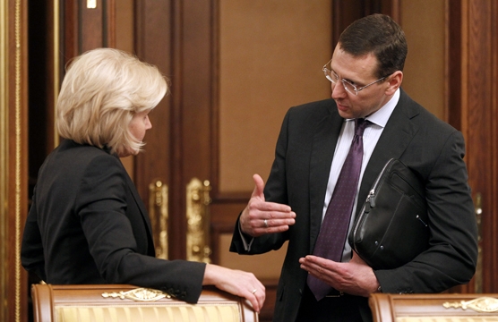 Deputy Prime Minister Olga Golodets and Minister of Regional Development Oleg Govorun before a meeting of the Government of the Russian Federation