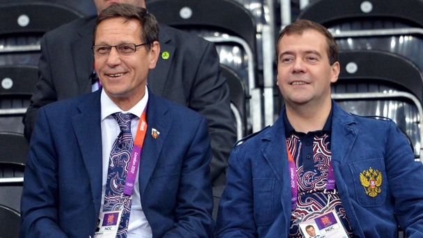 Prime Minister Dmitry Medvedev and President of the Russian Olympic Committee Alexander Zhukov during a women's volleyball match between Russia and Great Britain
