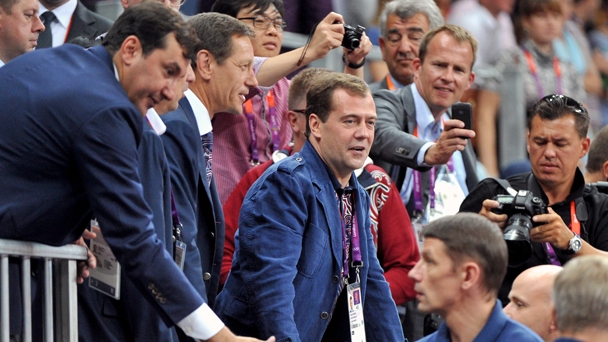 Prime Minister Dmitry Medvedev watches volleyball match between Russia and Great Britain women's teams
