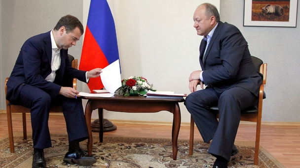 Prime Minister Dmitry Medvedev holds a meeting with Kamchatka Territory Governor Vladimir Ilyukhin