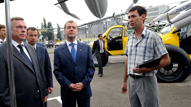 Prime Minister Dmitry Medvedev examines samples of agricultural machinery