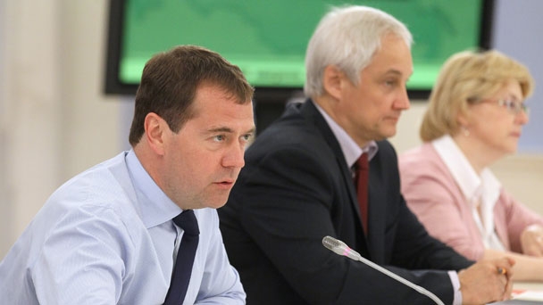 Prime Minister Dmitry Medvedev, Minister of Economic Development Andrei Belousov and Minister of Healthcare Veronika Skvortsova