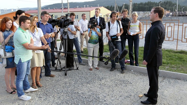 Prime Minister Dmitry Medvedev taking questions from journalists following his visit to South Ossetia