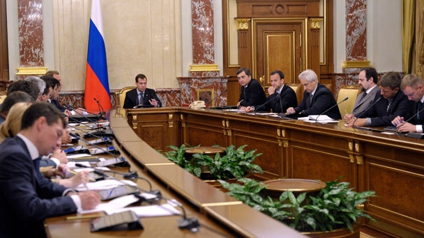 Prime Minister Dmitry Medvedev at a government meeting