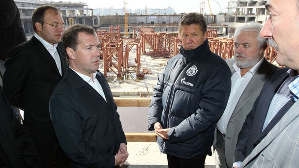 Prime Minister Dmitry Medvedev visits the construction site of the Zenit-Arena Stadium in St Petersburg