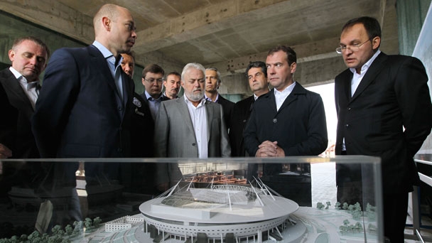 Prime Minister Dmitry Medvedev visits the construction site of the Zenit-Arena Stadium in St Petersburg