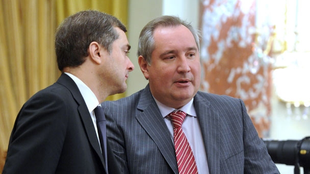 Deputy Prime Minister and Chief of the Government Staff Vladislav Surkov and Deputy Prime Minister Dmitry Rogozin before the government meeting