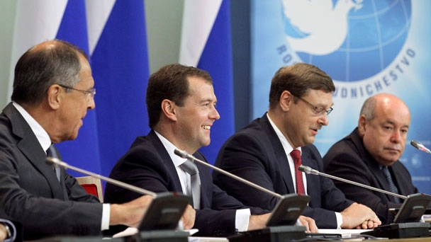 Prime Minister Dmitry Medvedev takes part in a meeting of heads of Rossotrudnichestvo foreign offices
