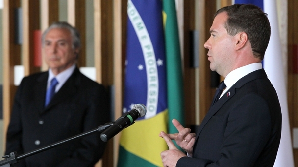 Prime Minister Dmitry Medvedev making a press statement after Russia-Brazil negotiations
