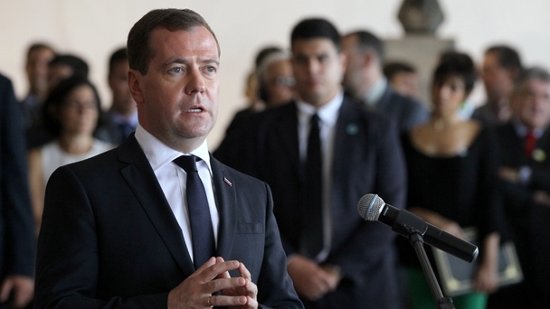 Prime Minister Dmitry Medvedev making a press statement after Russia-Brazil negotiations