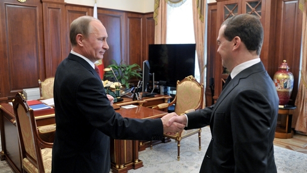 Prime Minister Dmitry Medvedev meets with President Vladimir Putin