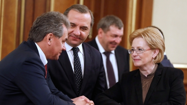 Defence Minister Sergei Shoigu, Minister of Civil Defence, Emergencies and Disaster Relief Vladimir Puchkov and Minister of Healthcare Veronika Skvortsova