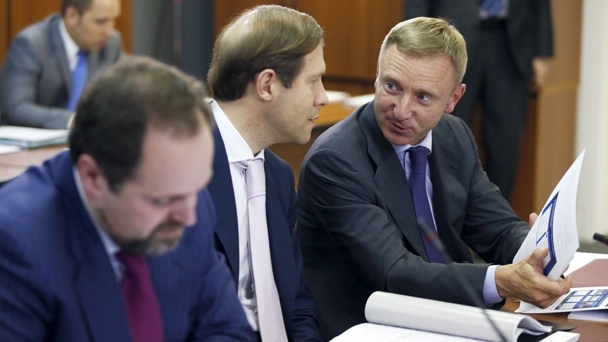 Minister of Natural Resources and Environmental Protection Sergei Donskoi,  Minister of Industry and Trade Denis Manturov and Minister of Education and Science Dmitry Livanov at the meeting of the Presidium of the Presidential Council for Economic Modernisation and Innovative Development