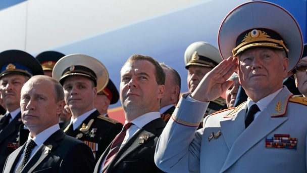 Dmitry Medvedev attends a military parade on Red Square marking the 68th anniversary of Victory in the Great Patriotic War